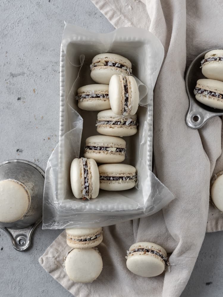 Looking down on a bunch of almond joy macarons