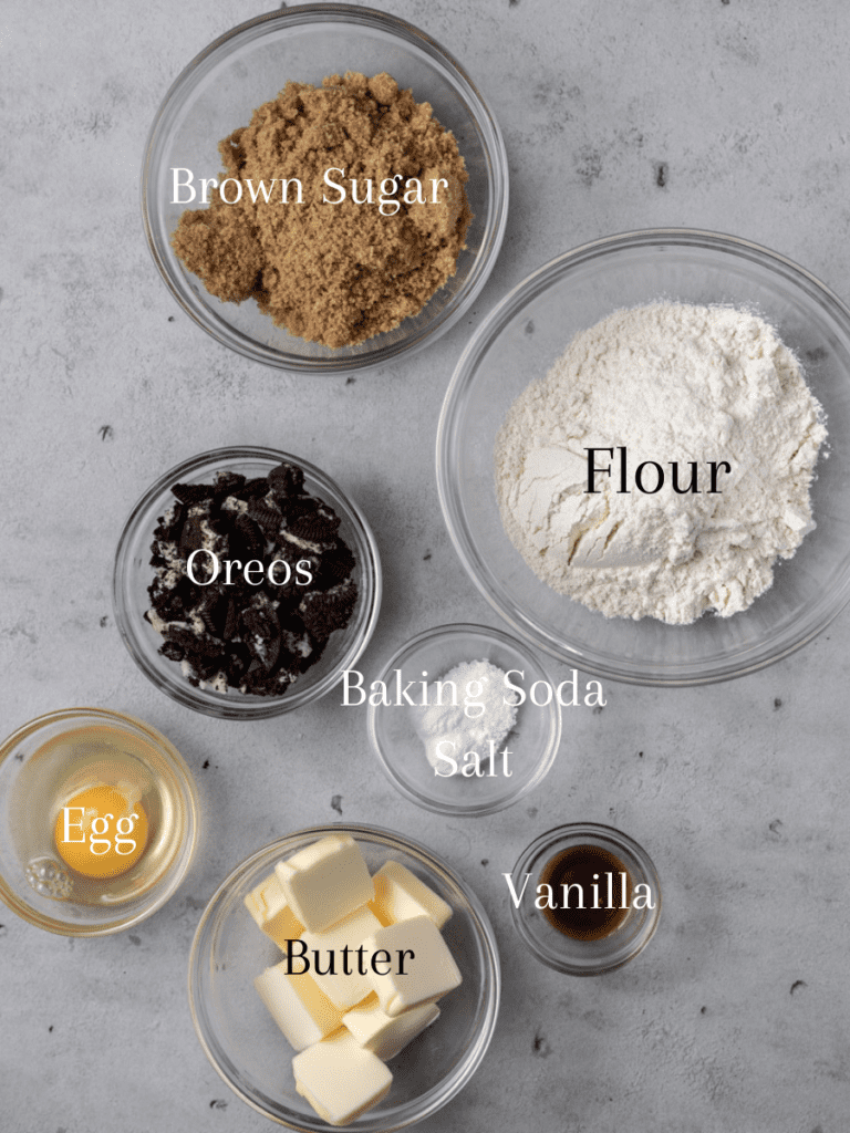 Ingredients for cookies and cream skillet cookie