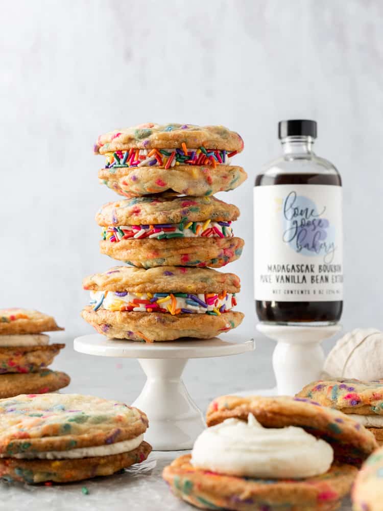 A stack of three funfetti cookie sandwiches