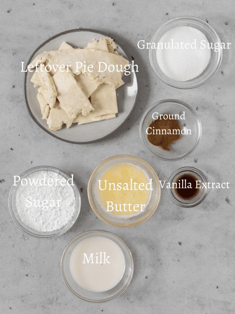 Ingredients for pie crust cookies. Leftover pie dough, sugar, cinnamon, butter, vanilla extract, powdered sugar, milk