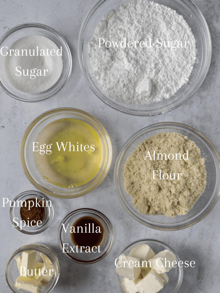 Best macaron recipe ingredients. Powdered sugar, sugar, egg whites, almond flour, pumpkin spice, vanilla cream cheese, butter