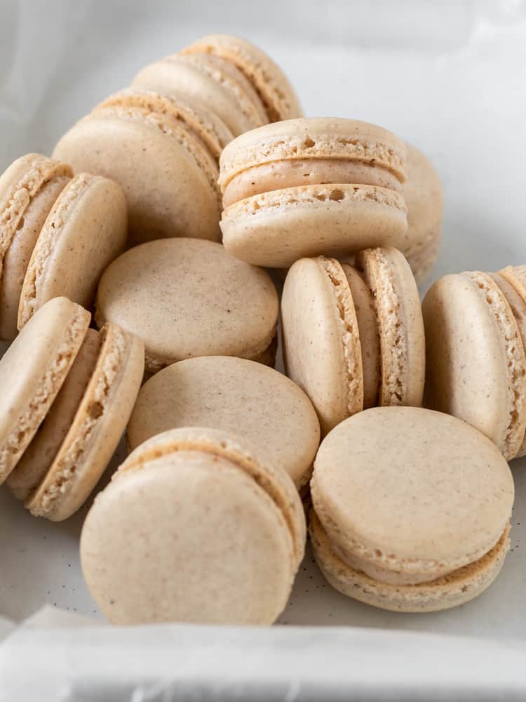 Looking down at a pile of french macarons