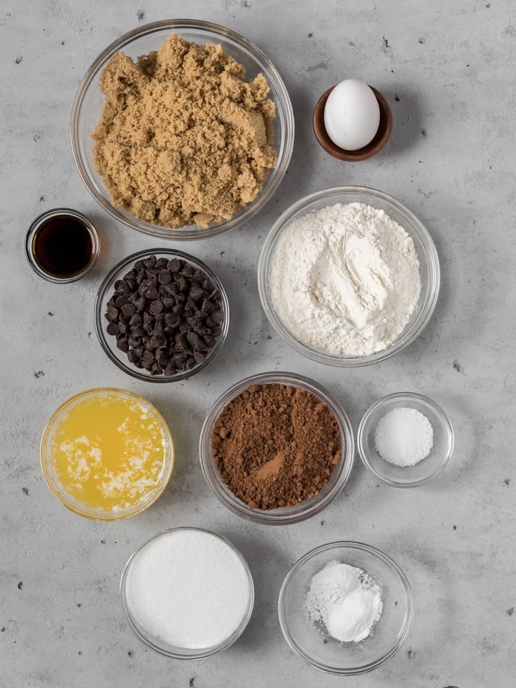 All of the ingredients needed for brownie stuffed chocolate chip cookies