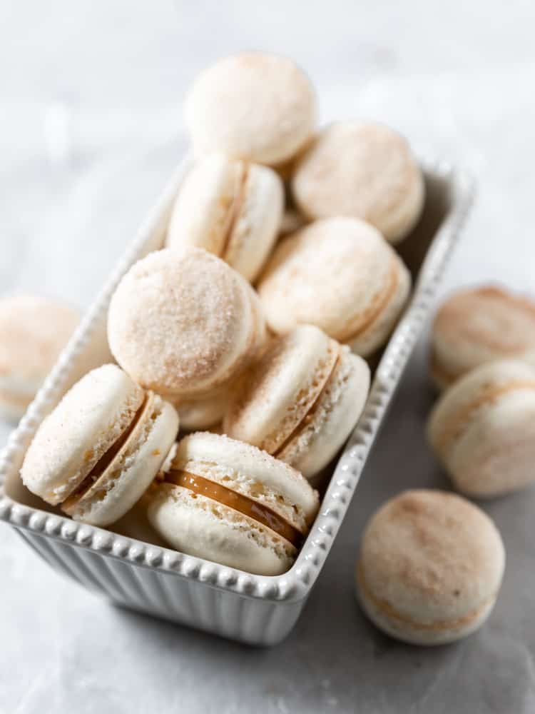 A dish full of macarons