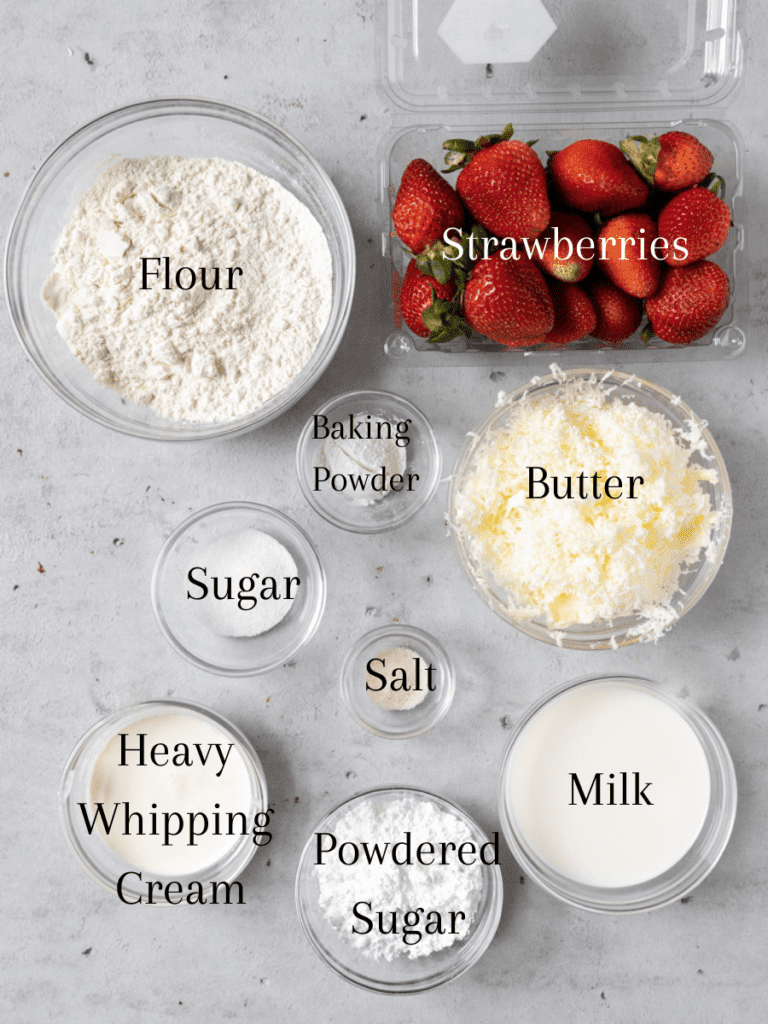 All of the ingredients needed to make roasted strawberry shortcakes