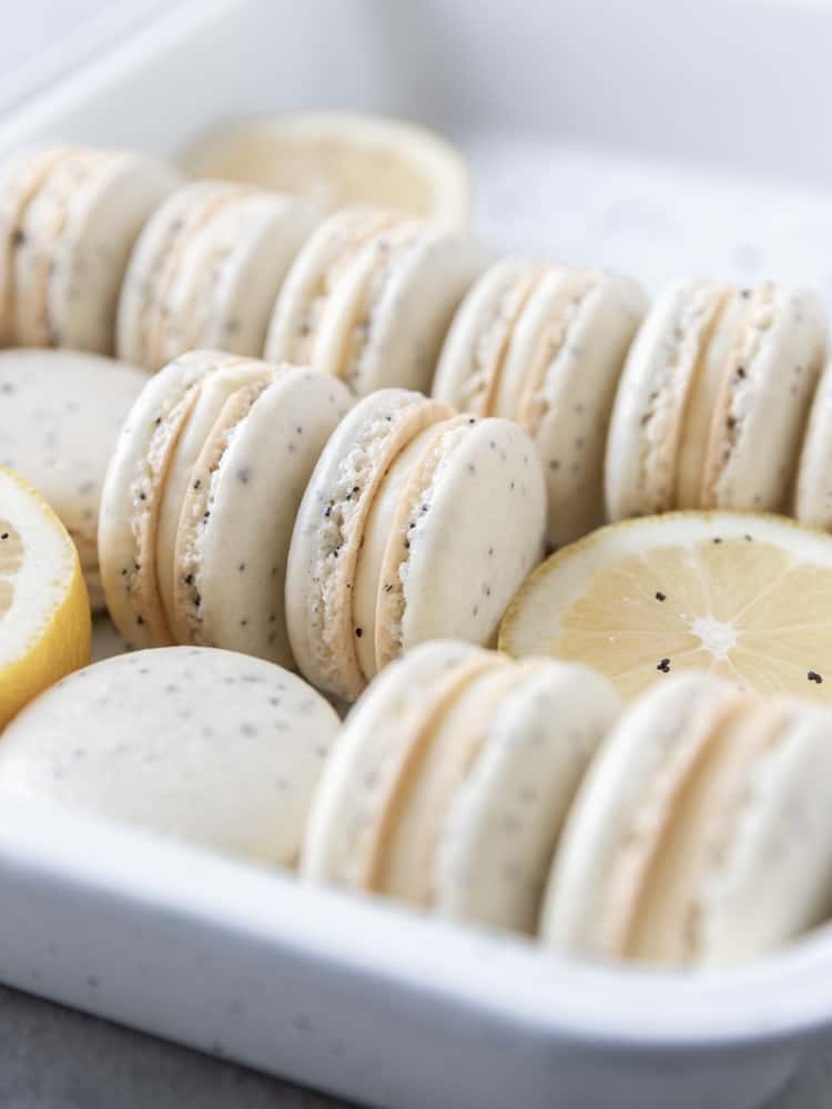 A side view of a tray of macarons