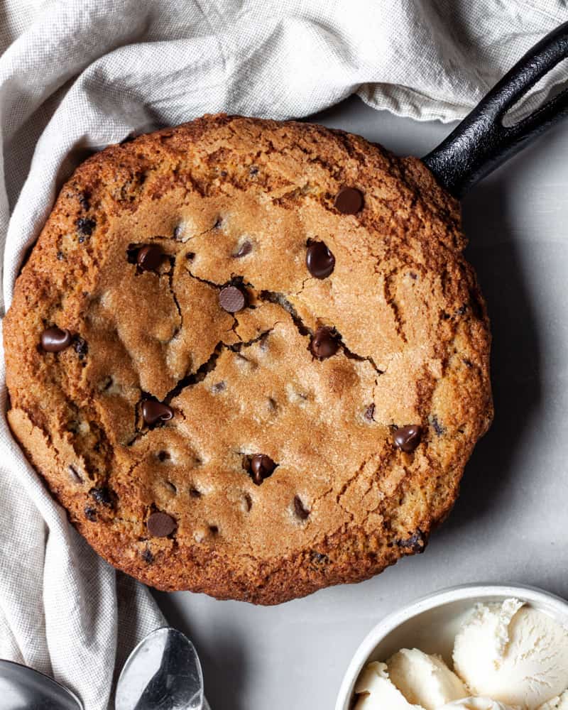 A skillet cookie fresh from the oven
