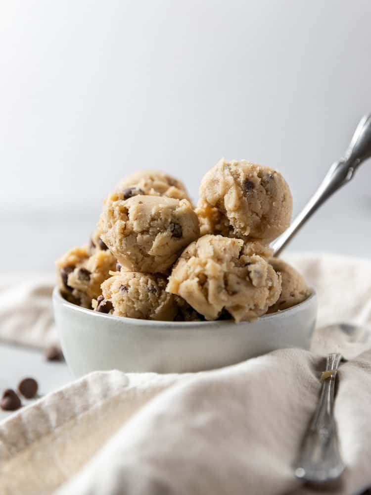 Scoops of edible cookie dough in a bowl