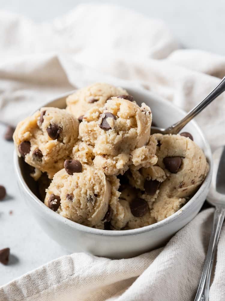 Scoops of edible cookie dough in a bowl