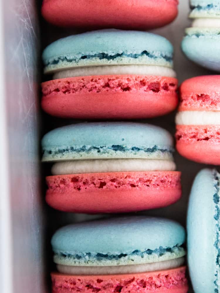 A row of red white and blue macarons