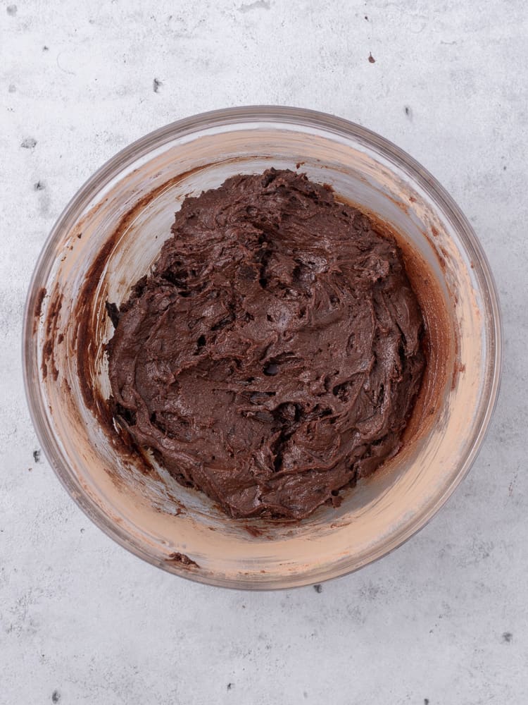 The completed brownie batter in a bowl