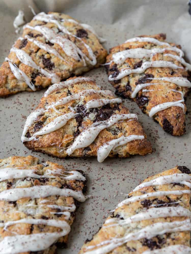 A pan of chocolate chip scones 