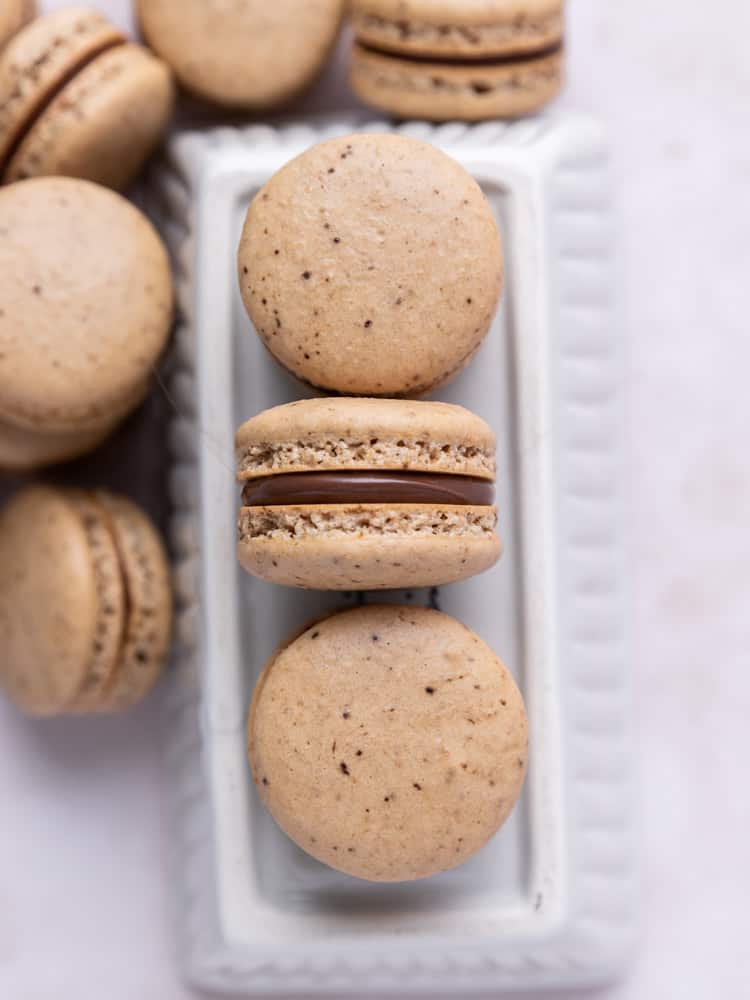 Looking down on a pile of french macarons