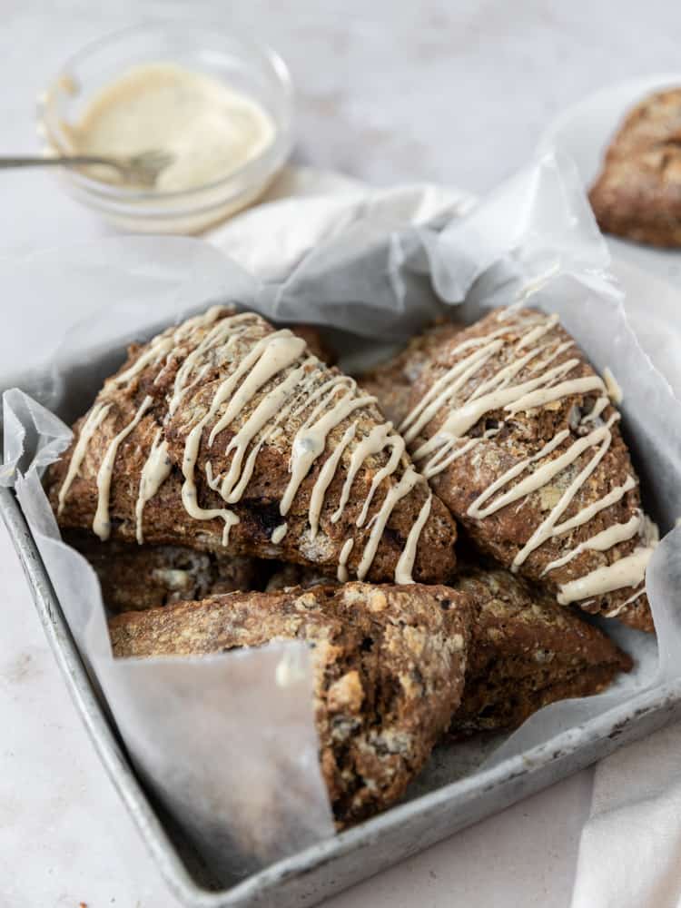 A fresh batch of coffee scones in a pan 