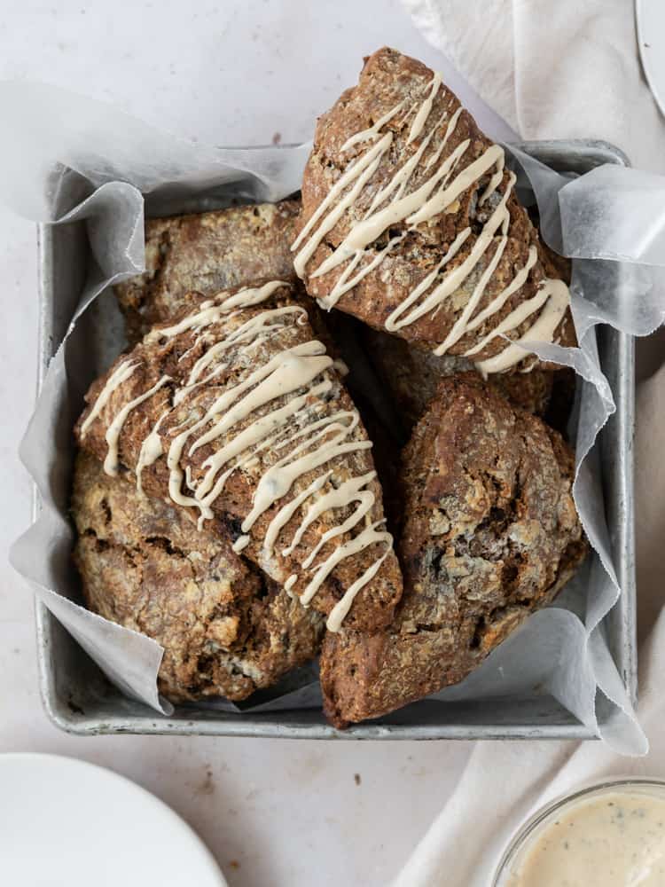 Looking down on a pan full of scones