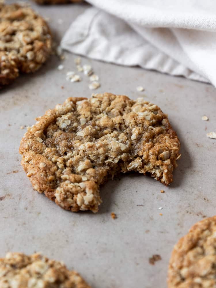 A close up of a dairy-free oatmeal cookie