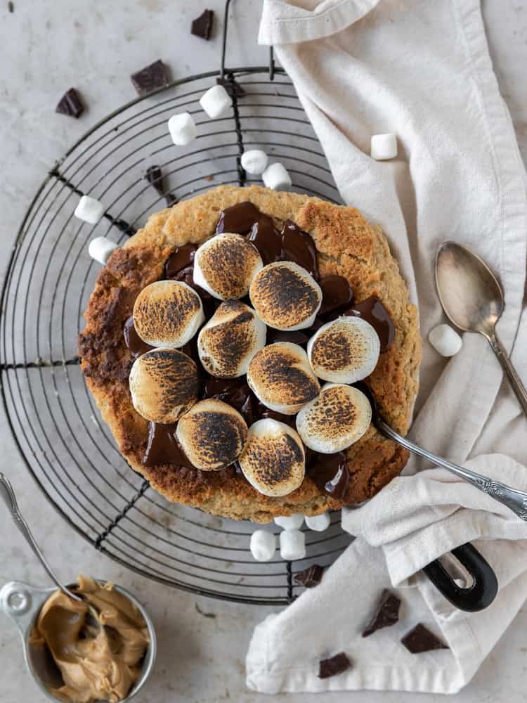 Looking down on a peanut butter s'mores skillet cookie
