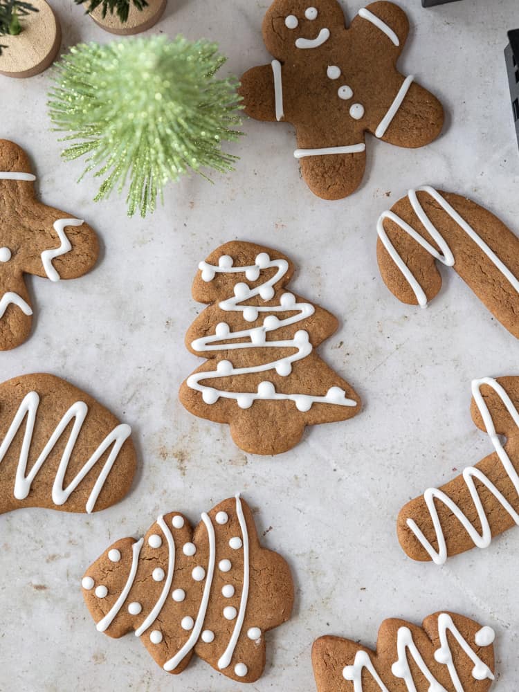 Looking down on decorated soft gingerbread cookies