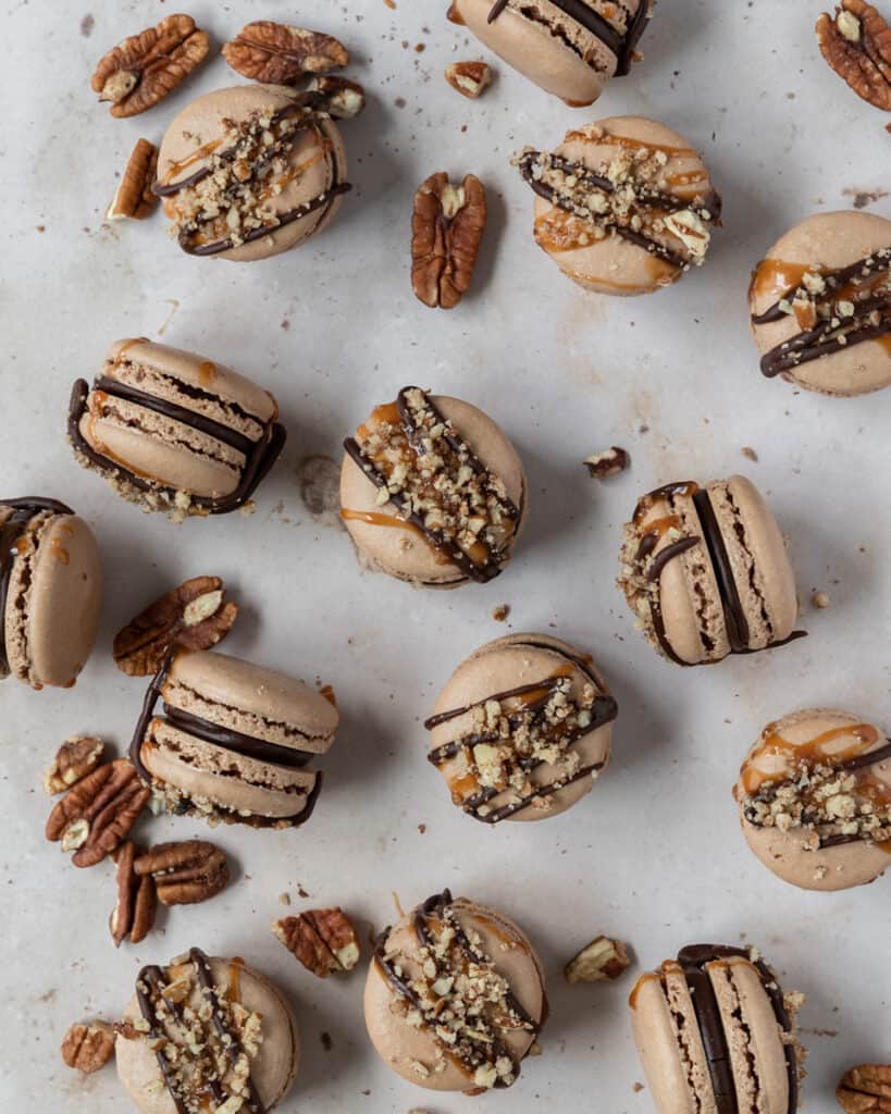 Looking down on turtle french macarons surrounded by pecan pieces