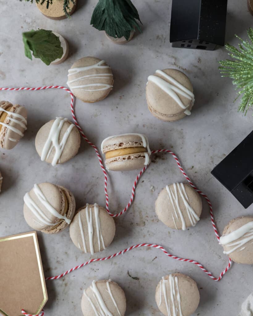 Looking down on macarons in a Christmas scene
