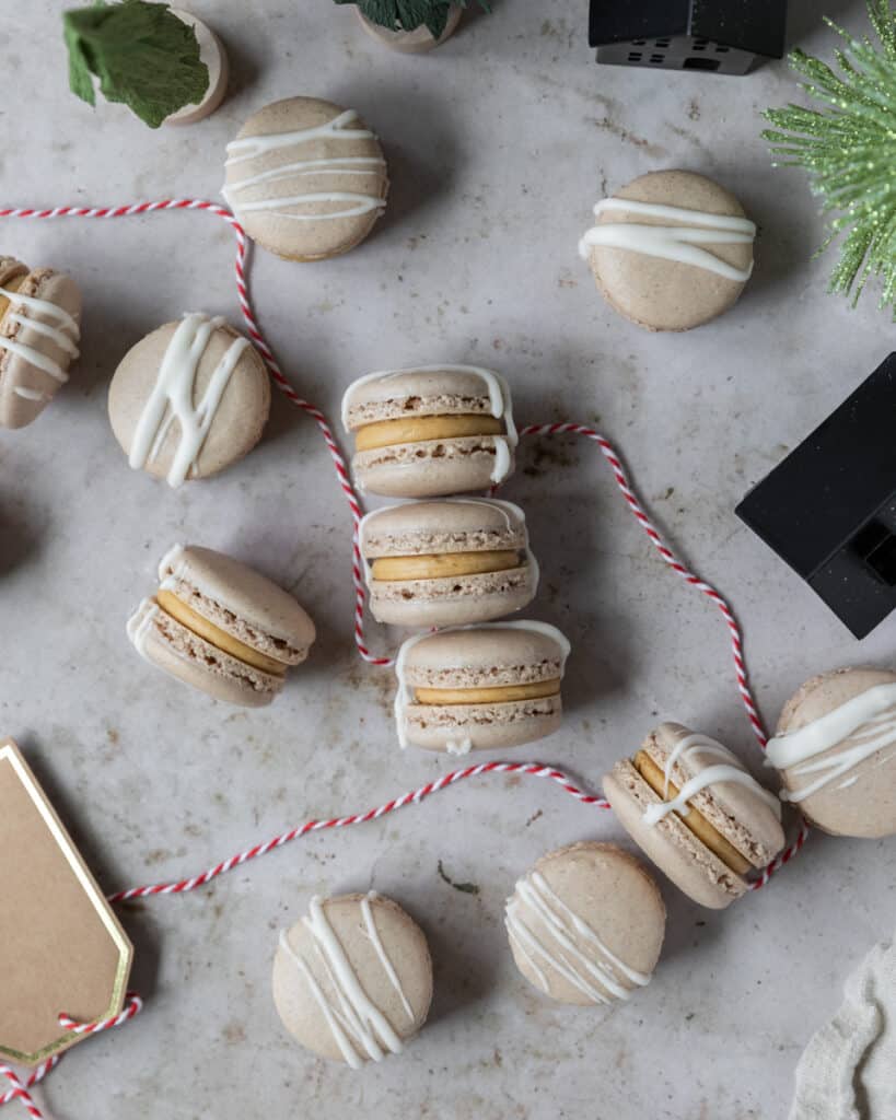 looking down on three gingerbread macarons