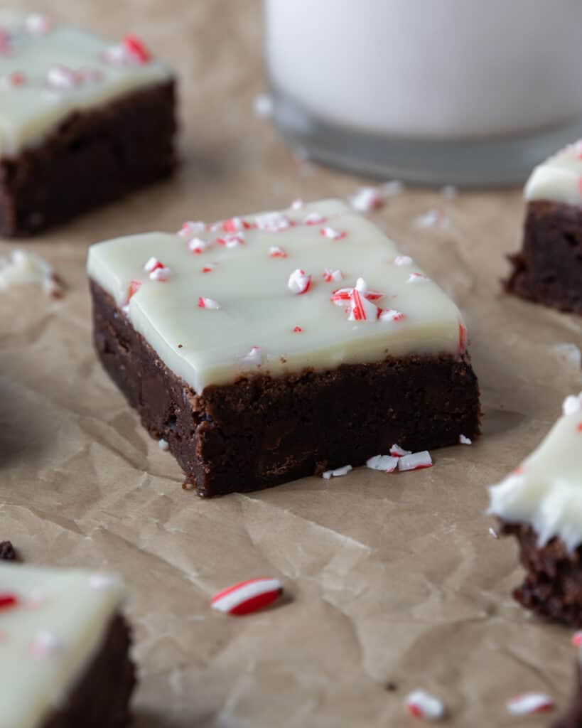 A close up shot of a peppermint bark brownie