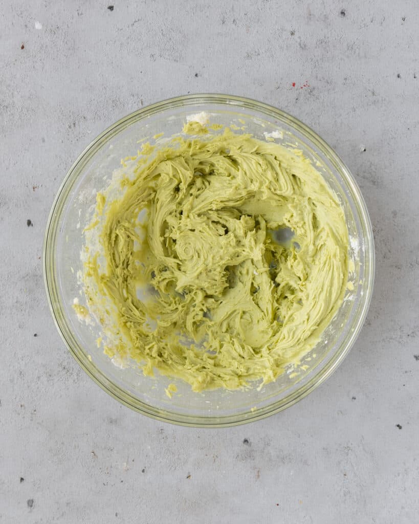 the matcha buttercream in a bowl