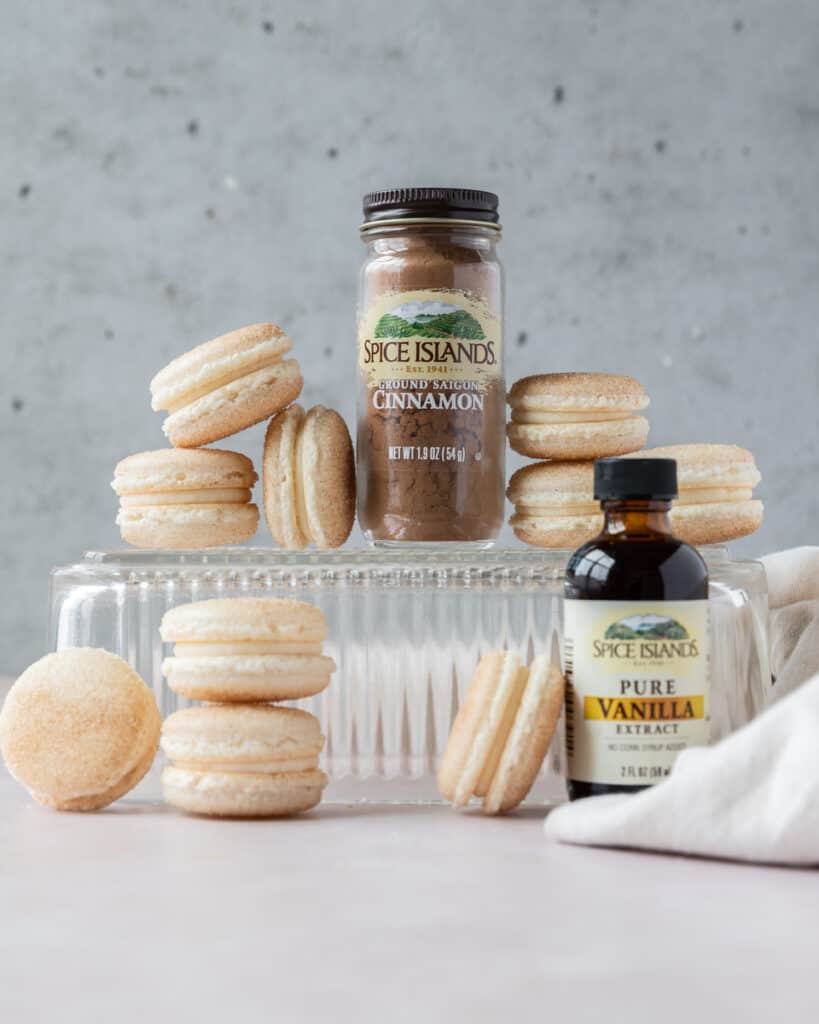 snickerdoodle macarons and Spice Islands spices stacked together