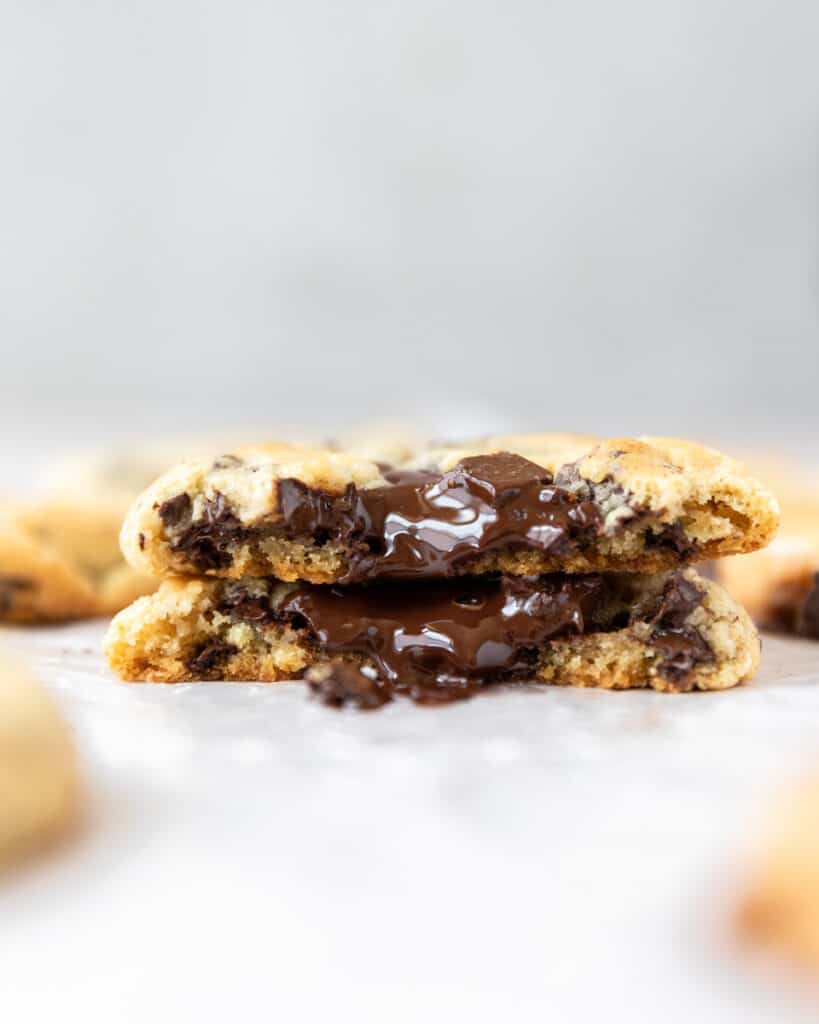 a chocolate filled cookie split in half and stacked