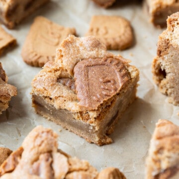 a close up of a biscoff blondie on a parchment paper surrounded by other blondies and biscoff cookies
