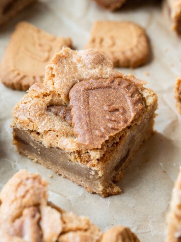 a close up of a biscoff blondie on a parchment paper surrounded by other blondies and biscoff cookies