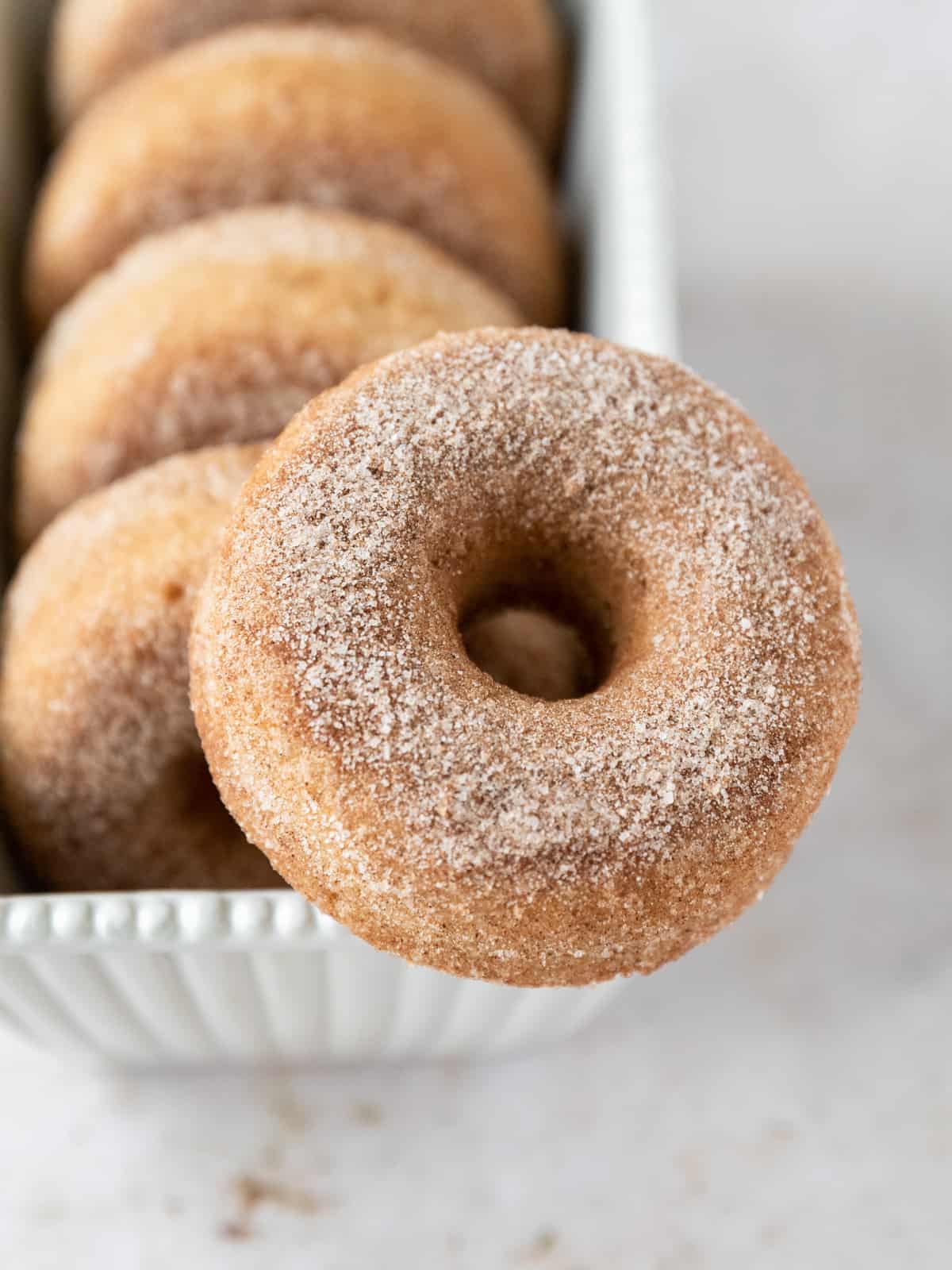a cinnamon sugar donut placed on the edge of a white dish