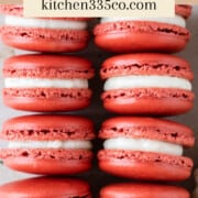 two rows of red velvet macarons. it says red velvet macarons across the top