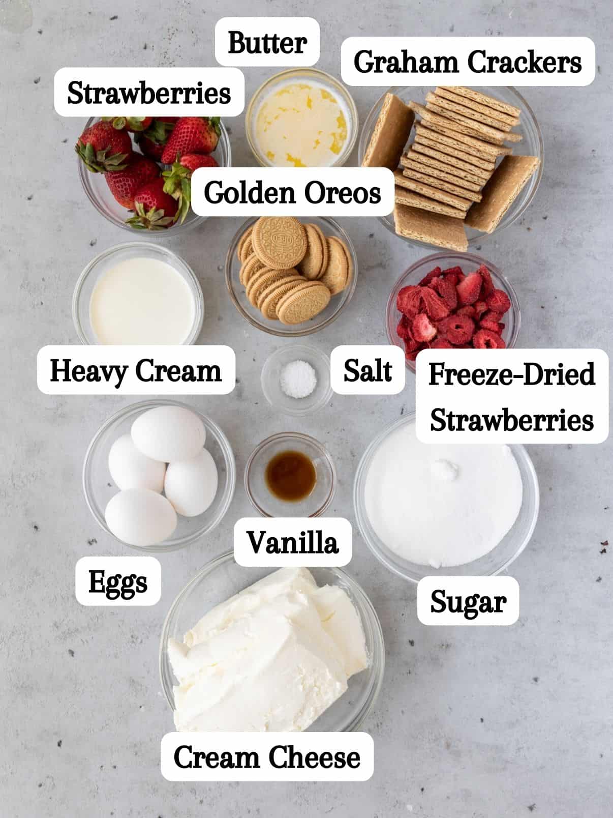 all of the ingredients laid out and labeled on a grey background