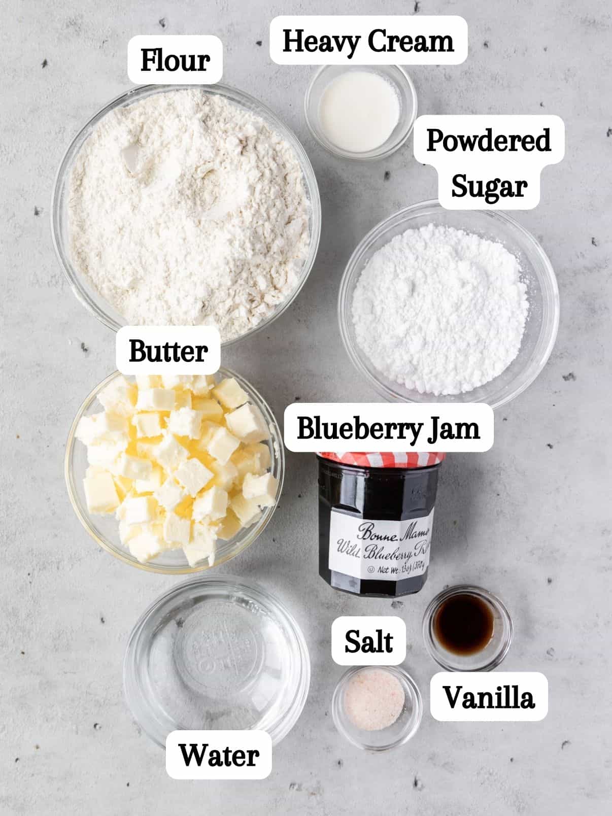 all of the ingredients laid out and labeled on a grey background.