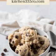 scoops of edible cookie dough in a white bowl with a linen, two spoons, and chocolate chips beside it. It says edible cookie dough across the top.