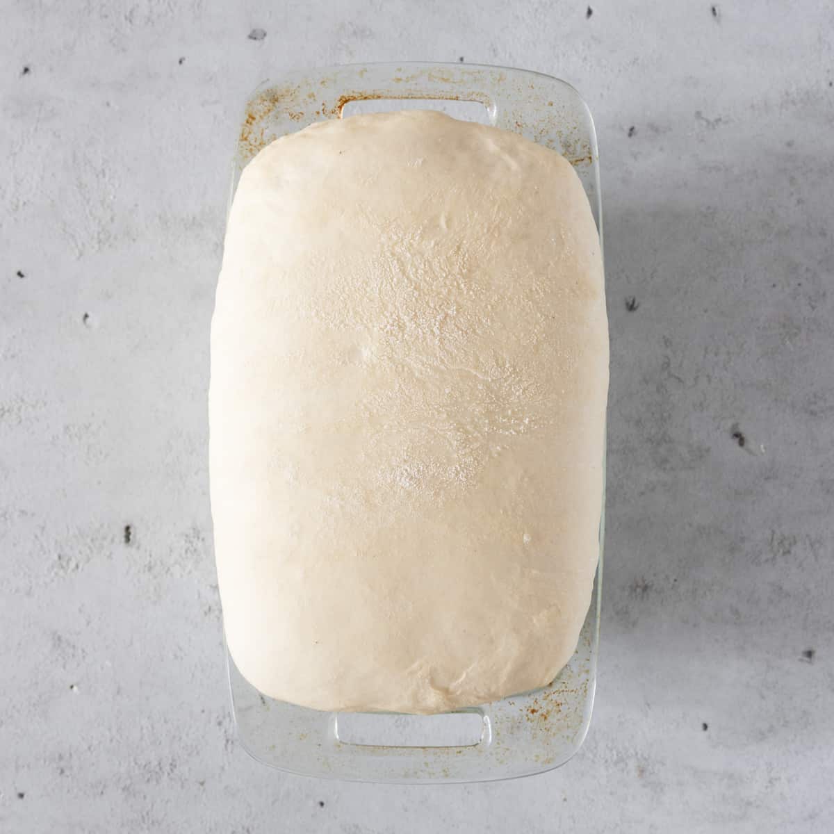 the bread dough in a glass bread pan after rising on a grey background.