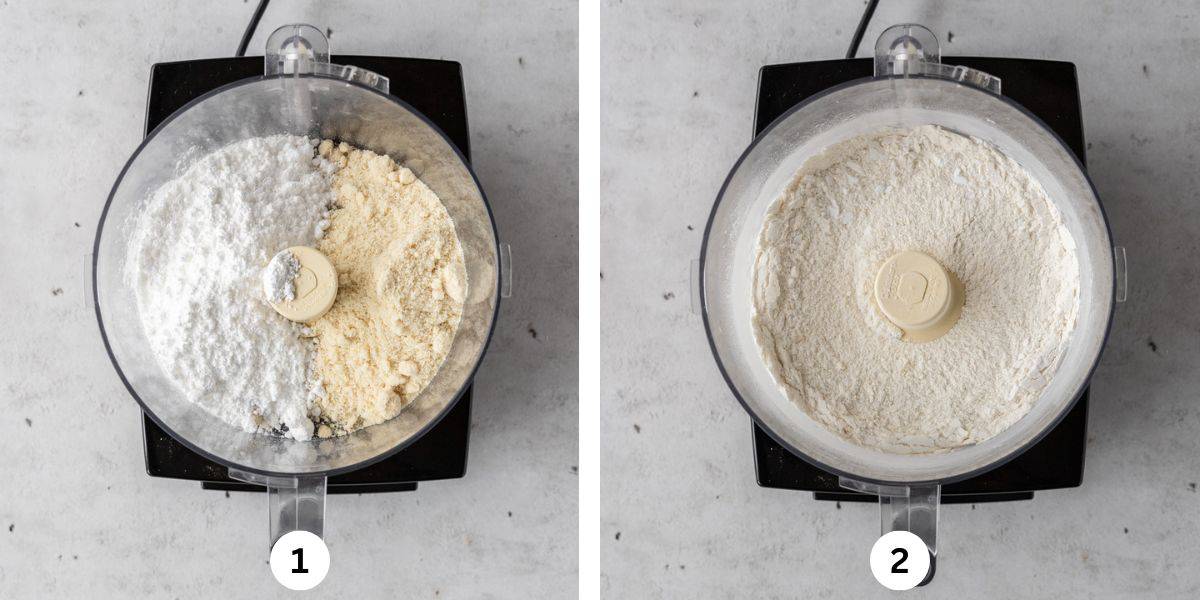 the almond flour and powdered sugar in a food processor before being mixed and after being mixed.