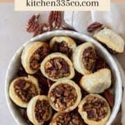 several mini pecan pies in a dish with pecans. It says mini pecan pies across the top.