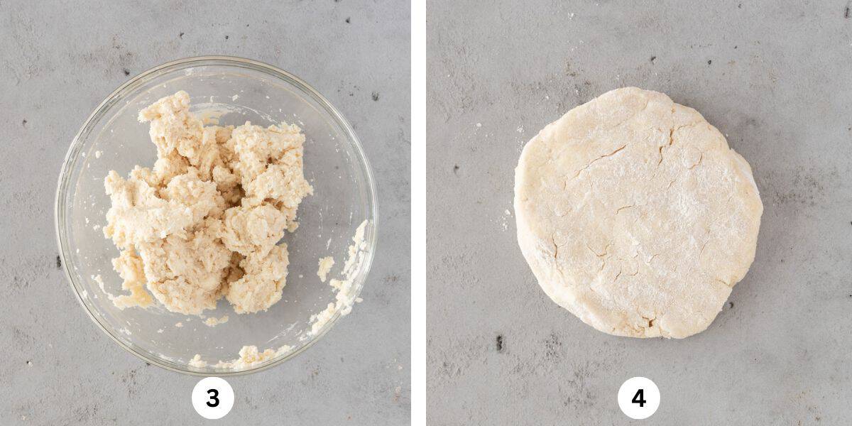 the completed pie dough in a glass bowl and the pie dough shaped into a round on a grey background.
