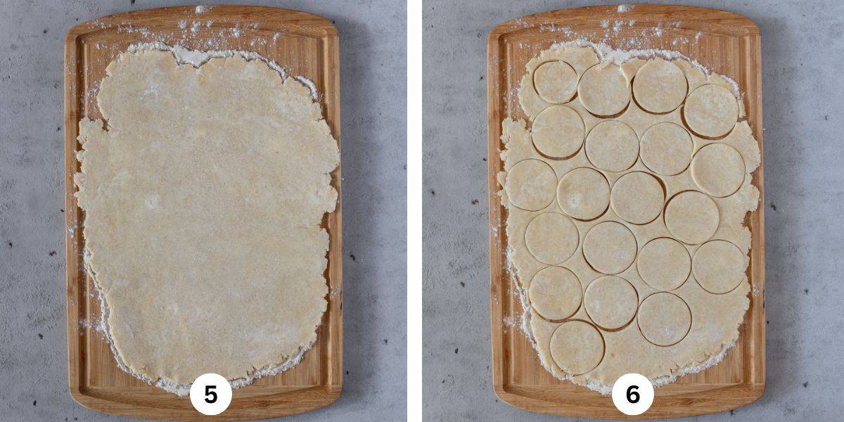 the pie dough rolled out and the pie dough rolled out with circles cut out of it on a cutting board.