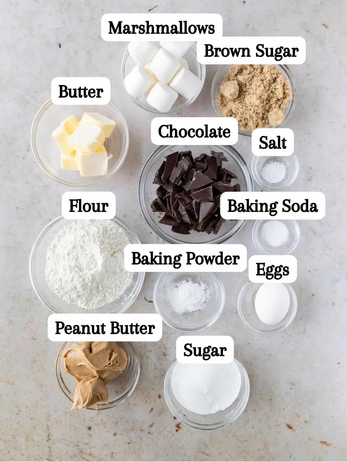 all of the ingredients laid out and labeled on a tan background.