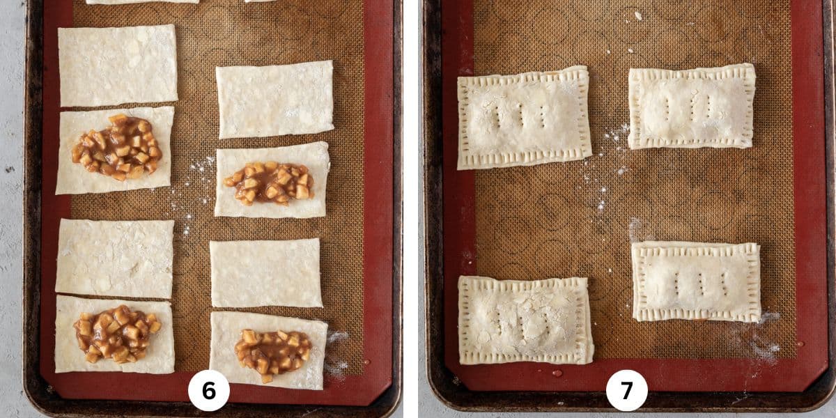 the rectangles of pie dough topped with the apple filling on a baking sheet and the completed pop tarts on a baking sheet before being baked.