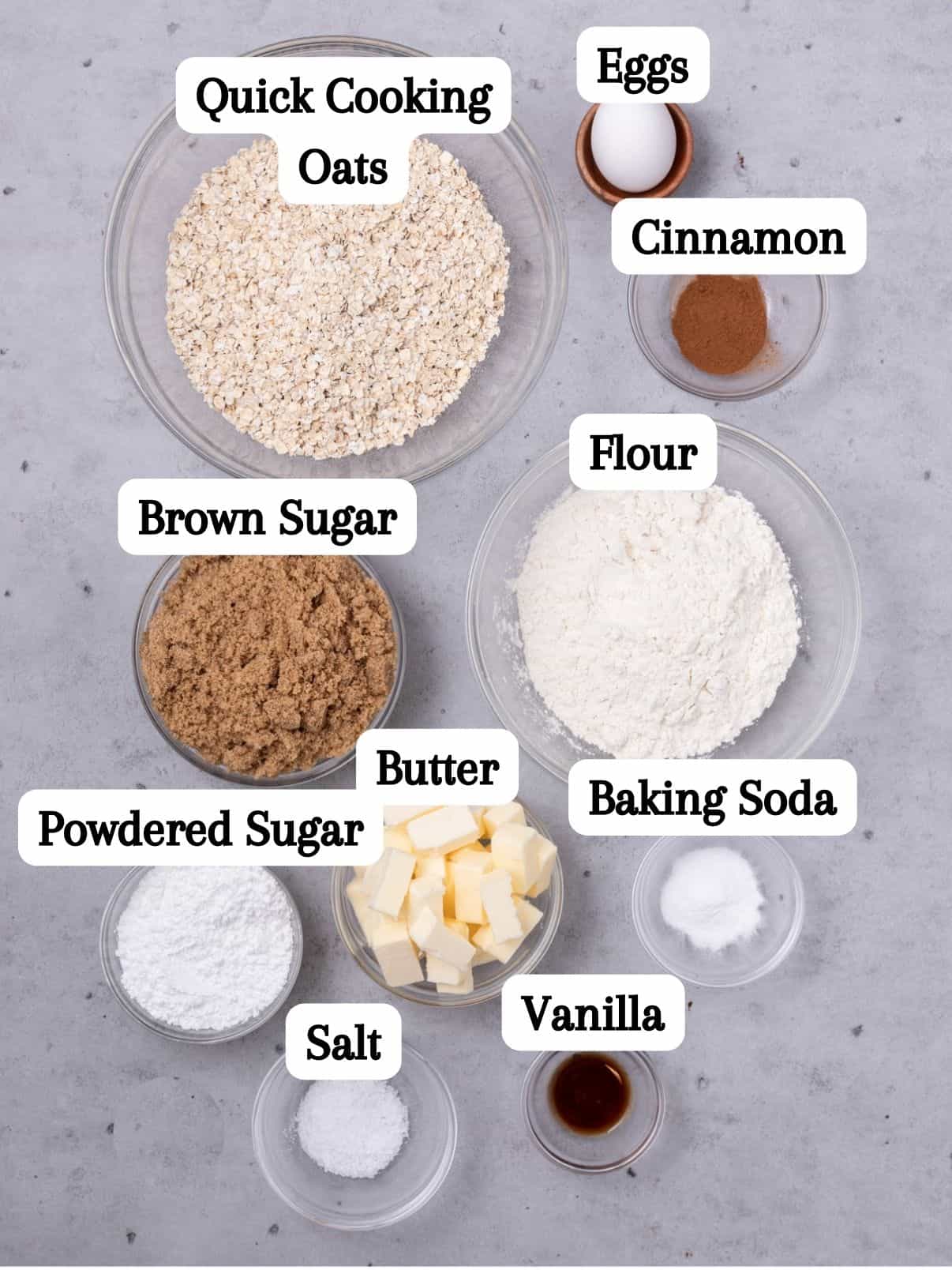 All of the ingredients laid out and labeled on a grey background.