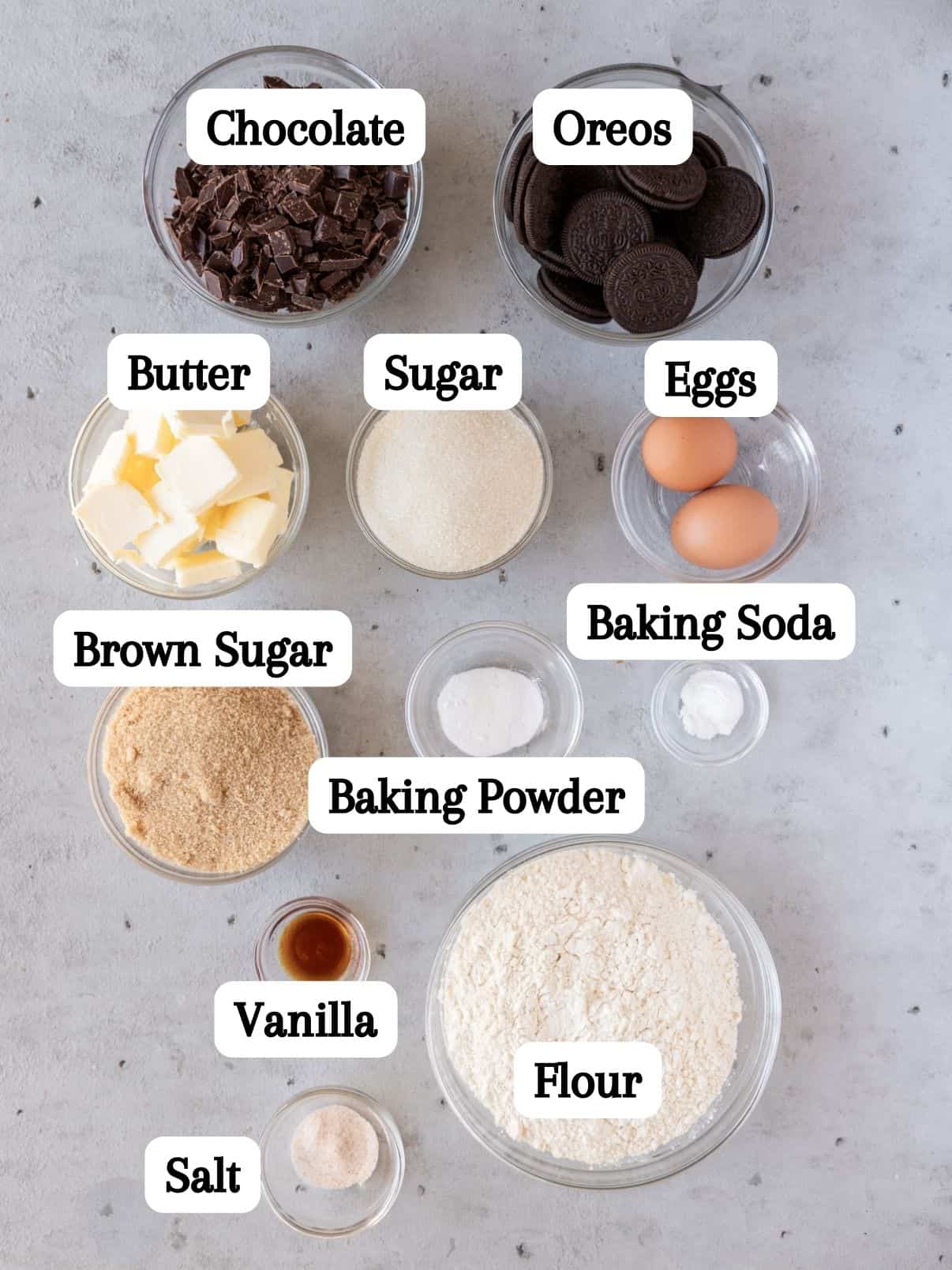 All of the ingredients laid out and labeled on a grey background.