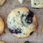 lemon blueberry cookies on a metal sheet pan.