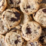 a pile of brown butter chocolate chip cookies.