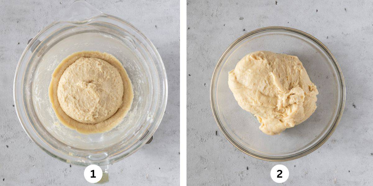 the cinnamon roll dough in a glass bowl after being mixed and the dough in a glass bowl before rising.