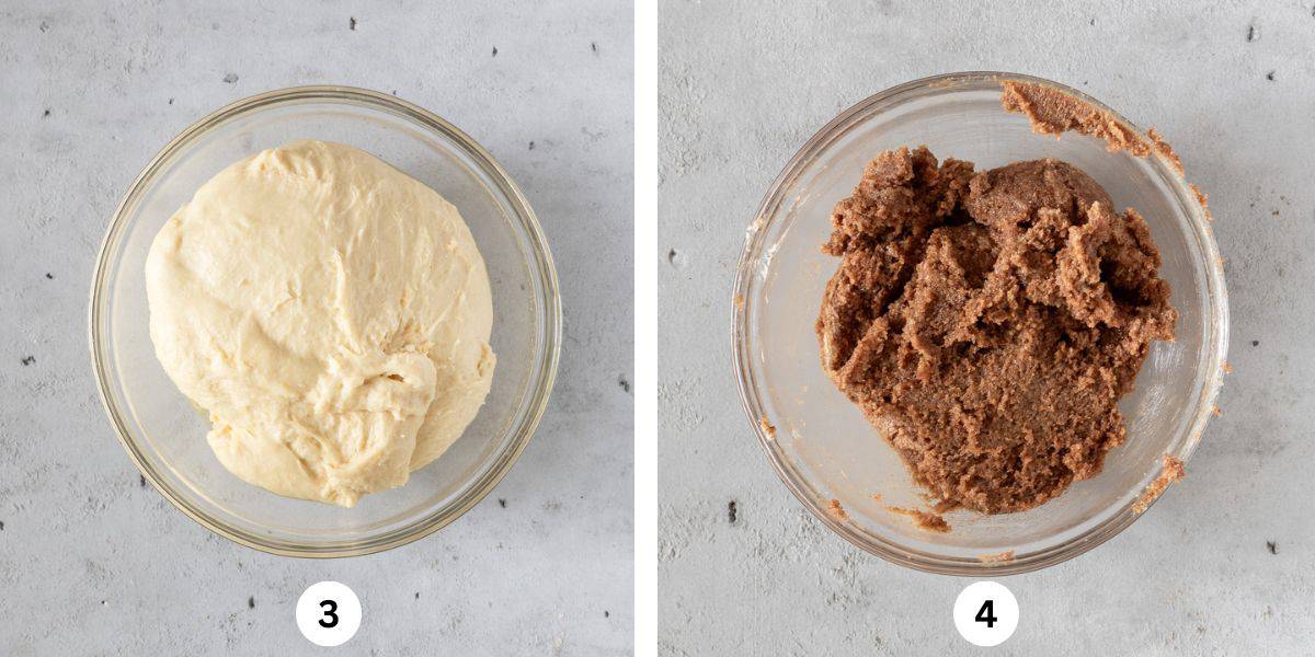 the cinnamon roll dough in a glass bowl after rising and the cinnamon roll filling in a glass bowl.