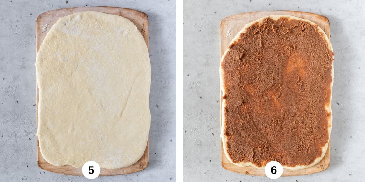 the dough rolled out on a cutting board and the dough spread with the cinnamon brown sugar filling.